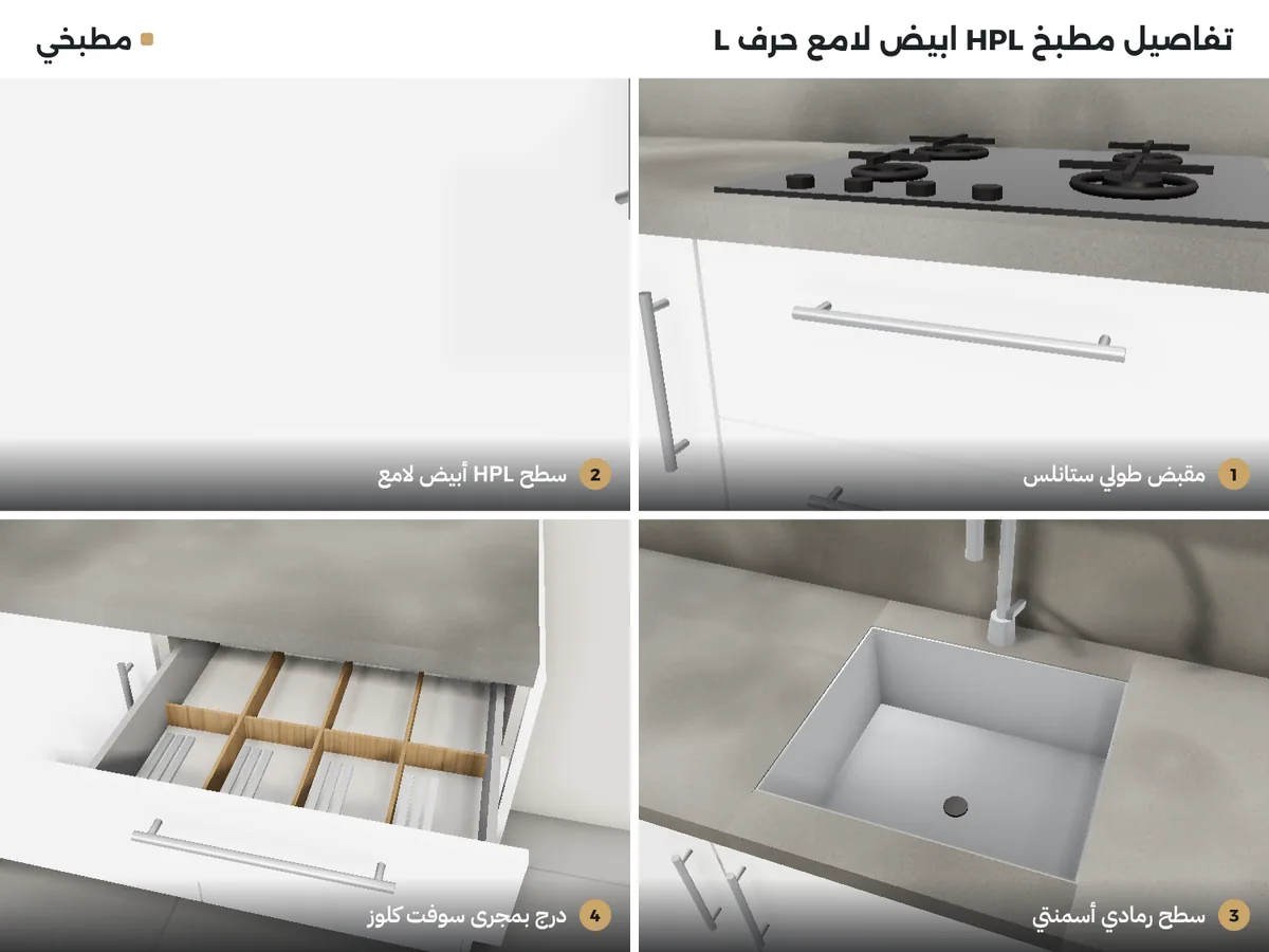 تفاصيل مطبخ HPL ابيض لامع: مقبض طولي ستانلس، سطح HPL أبيض لامع، سطح رمادي أسمنتي، ودرج سوفت كلوز